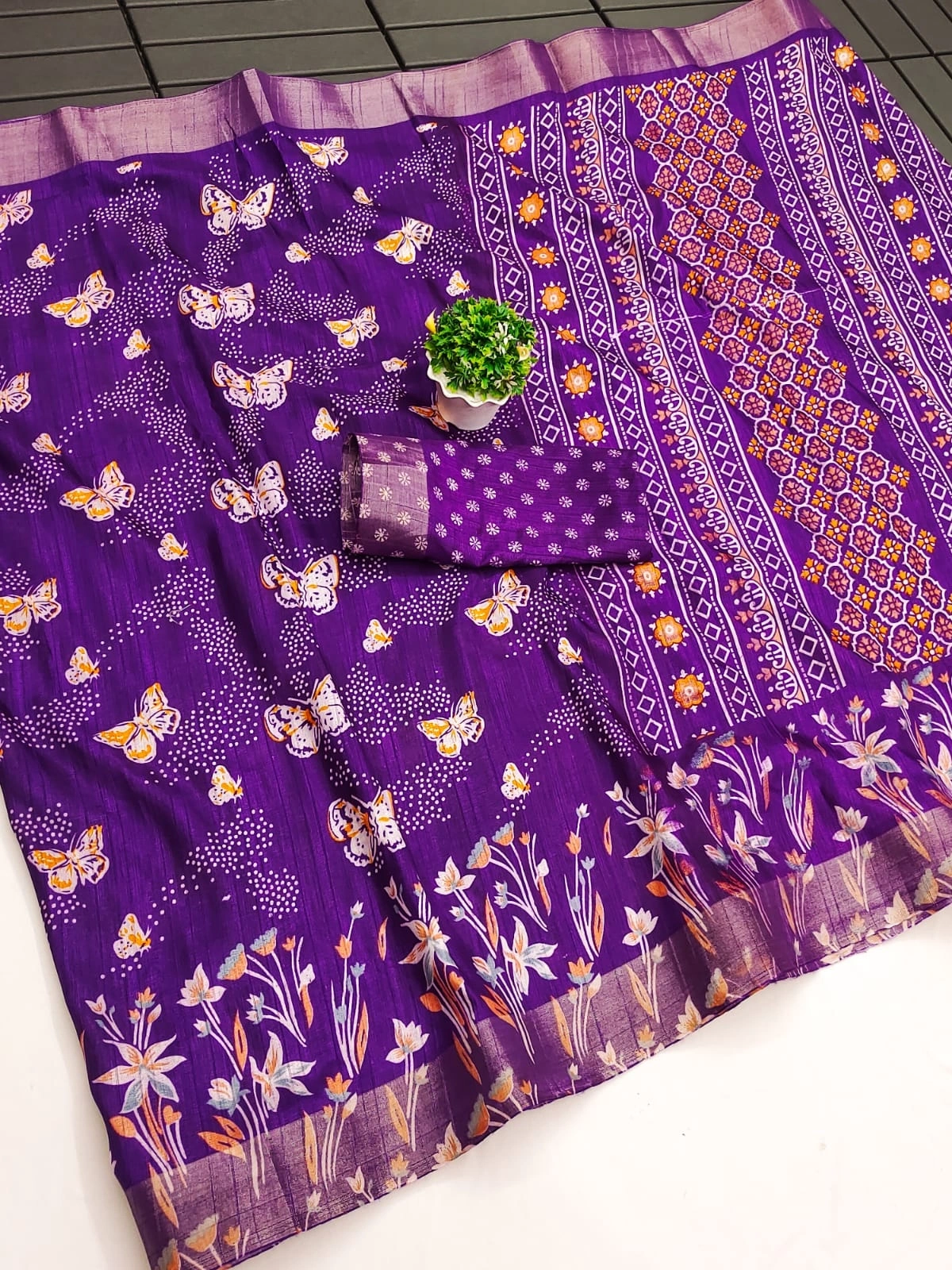 Butterfly Print Tussar Silk Saree with Zari Border &amp; Printed Blouse-MKD-49-Purple