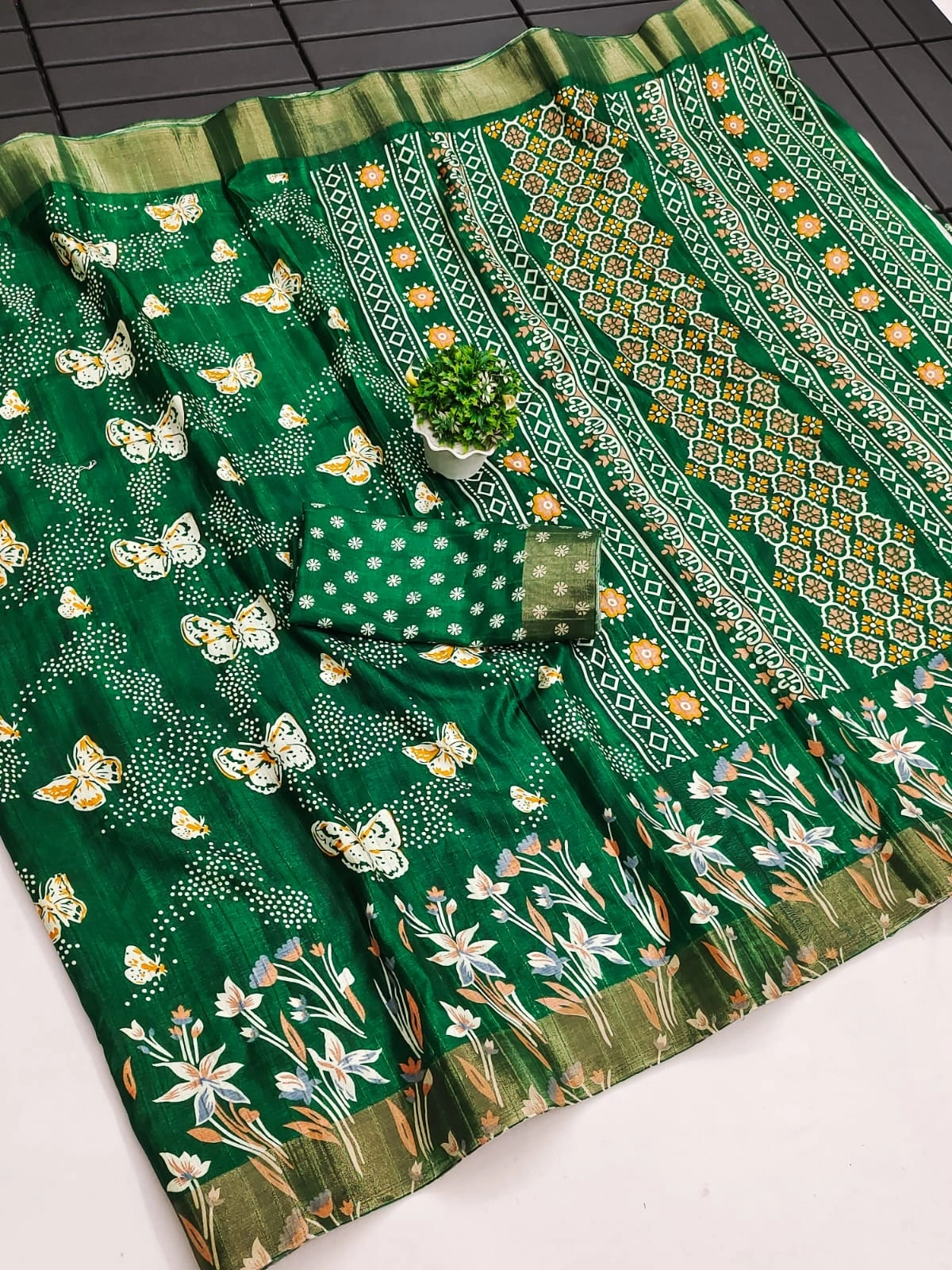 Butterfly Print Tussar Silk Saree with Zari Border &amp; Printed Blouse-MKD-49-Green