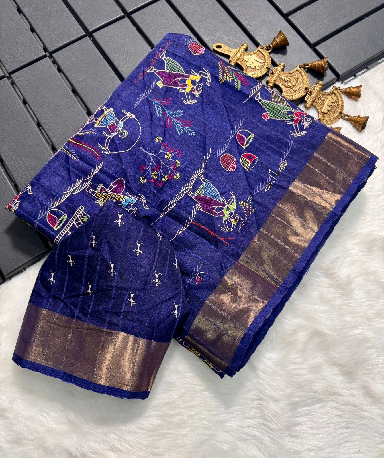 Elephant Batik Tussar Saree with Silver Borders - Handloom-MKD-52-Blue