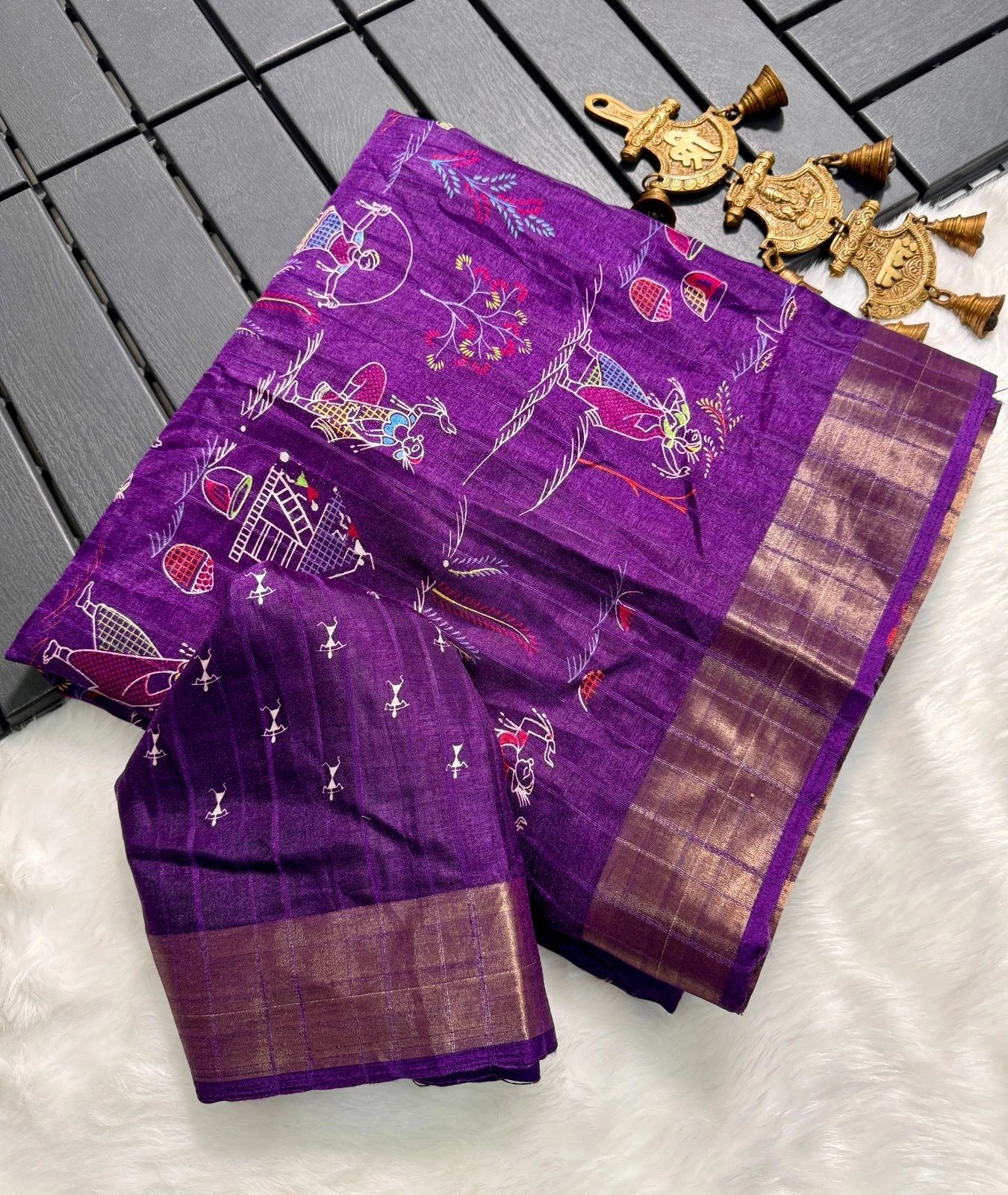 Elephant Batik Tussar Saree with Silver Borders - Handloom-MKD-52-Purple