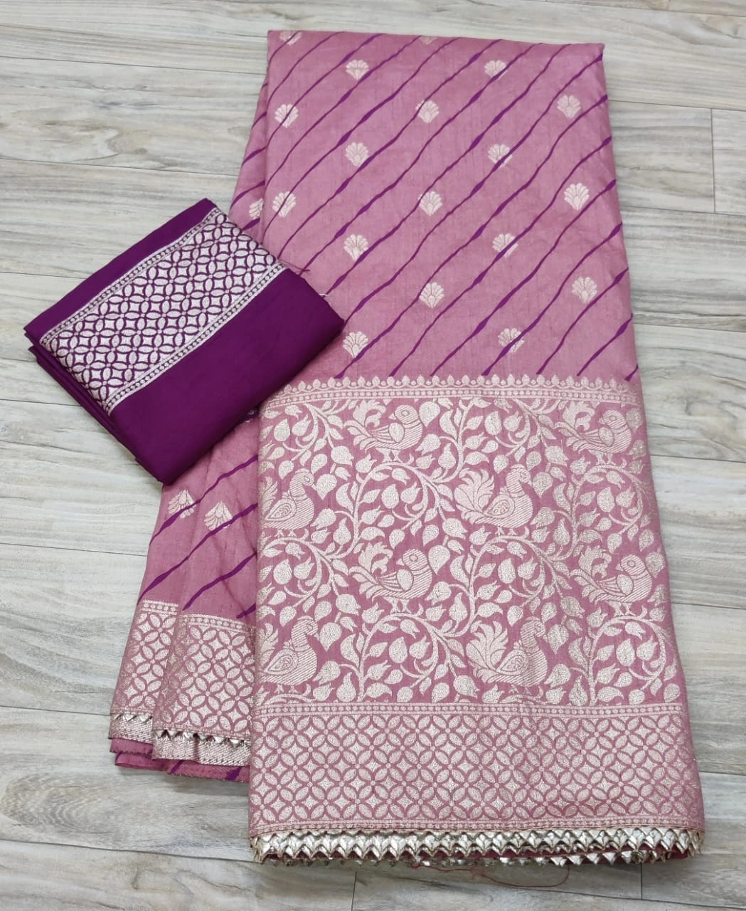 Banarasi Silk Saree: Dazzling Zari Work &amp; Contrast Blouse-NSD-13-Pink