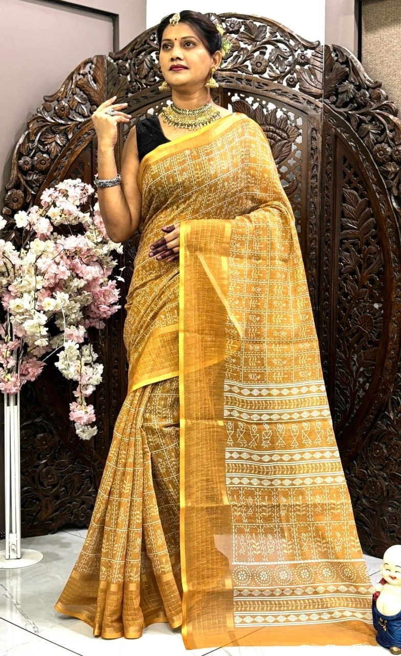 Digital Printed Linen Silk Saree: Beautiful, Superior, Soft Flowing and Stylish-MRD-05-Yellow