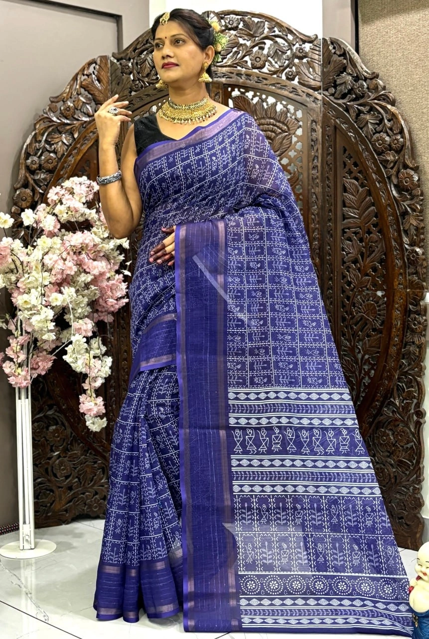 Digital Printed Linen Silk Saree: Beautiful, Superior, Soft Flowing and Stylish-MRD-05-NavyBlue