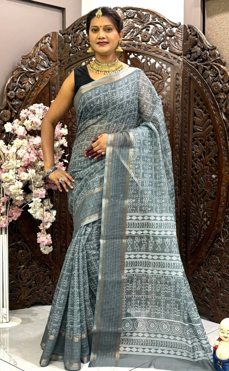 Digital Printed Linen Silk Saree: Beautiful, Superior, Soft Flowing and Stylish-MRD-05-Grey