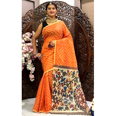 YNF Linen Silk Cotton Saree: Bandhej Print with Kalamkari Pallu & Blouse