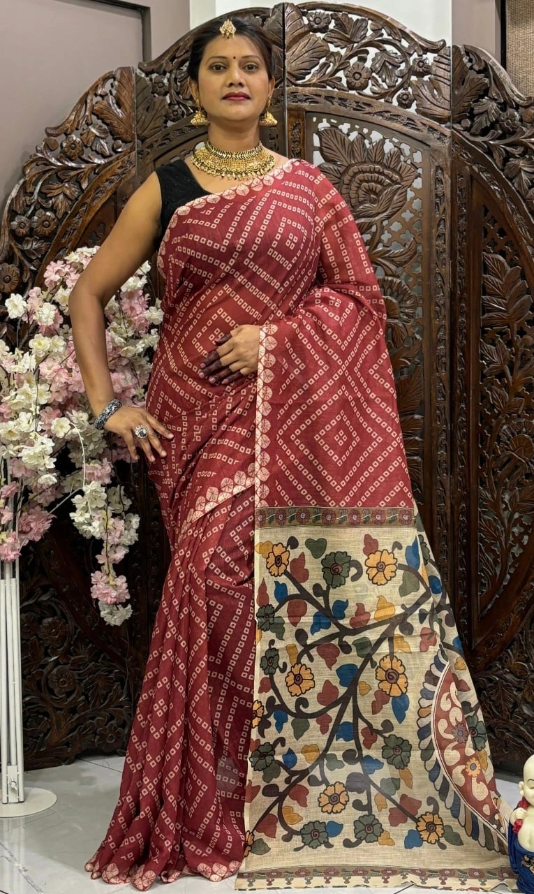 Linen Silk Cotton Saree: Bandhej Print with Kalamkari Pallu &amp; Blouse-MRD-06-Maroon