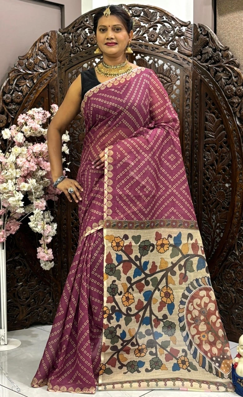 Linen Silk Cotton Saree: Bandhej Print with Kalamkari Pallu &amp; Blouse-MRD-06-Wine