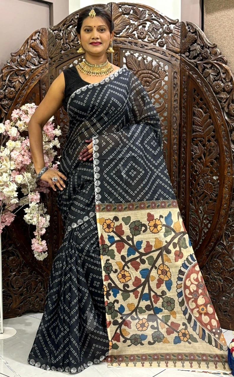 Linen Silk Cotton Saree: Bandhej Print with Kalamkari Pallu &amp; Blouse-MRD-06-Black