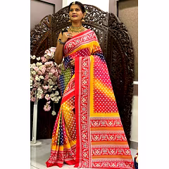 Premium Maslin Silk Bandhej Patola Digital Print Saree with Multicolor Print