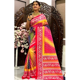 YNF Premium Maslin Silk Bandhej Patola Digital Print Saree with Multicolor Print