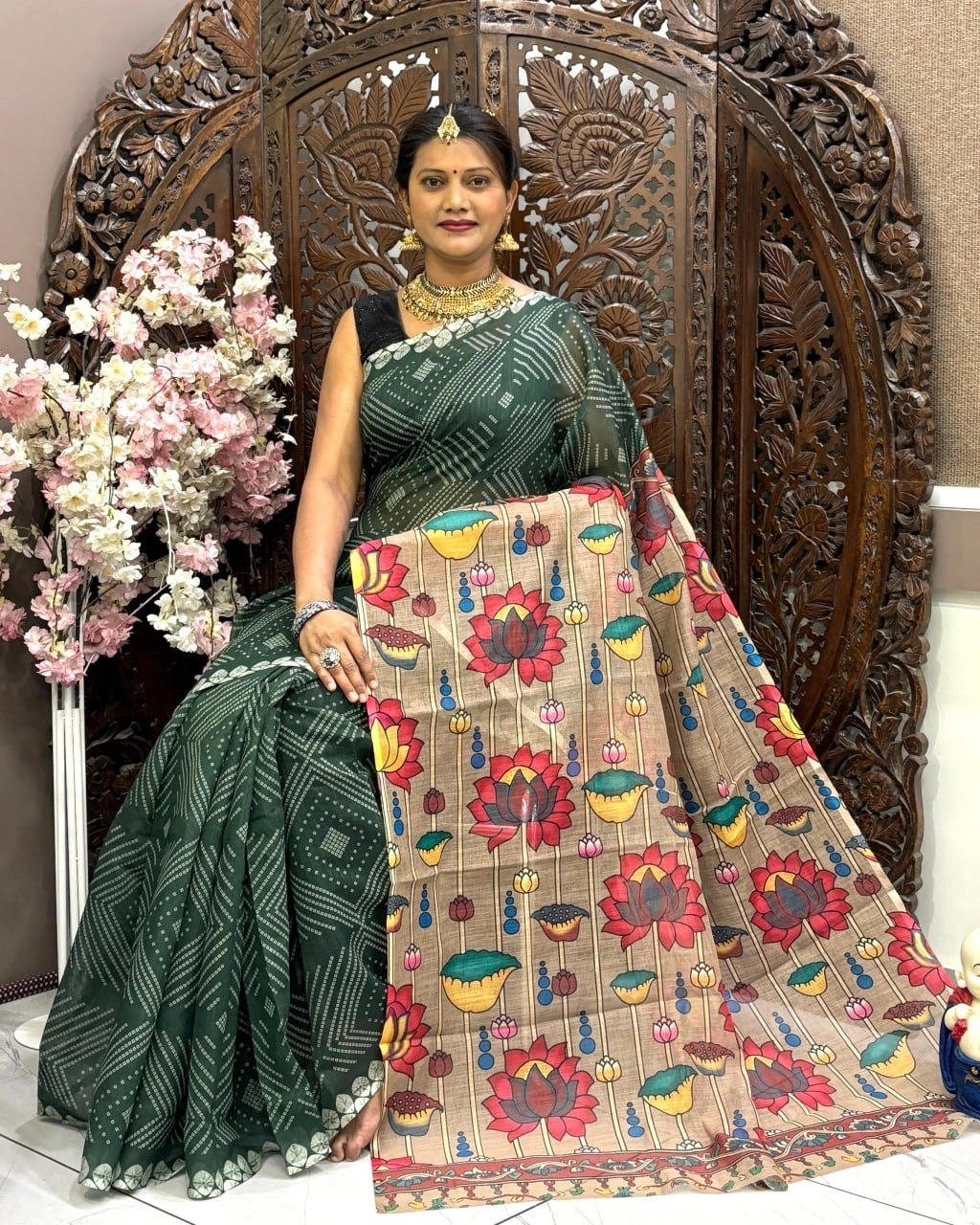 Linen Silk Cotton Saree: Bandhej Digital Print with Silver Pichai Pallu-MRD-08-Green