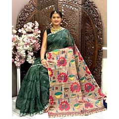 Linen Silk Cotton Saree: Bandhej Digital Print with Silver Pichai Pallu