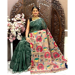 YNF Linen Silk Cotton Saree: Bandhej Digital Print with Silver Pichai Pallu