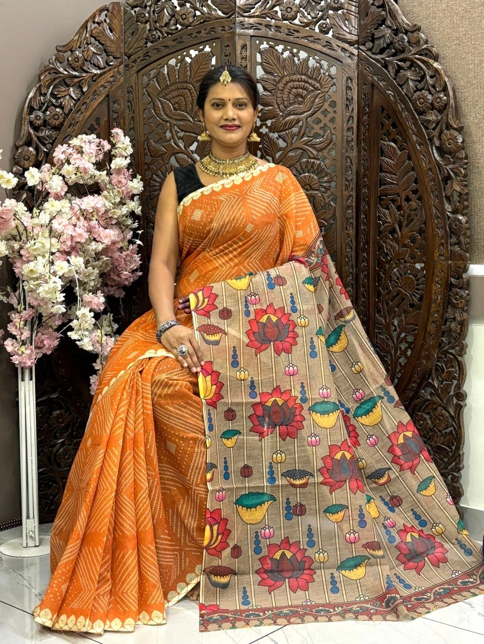 Linen Silk Cotton Saree: Bandhej Digital Print with Silver Pichai Pallu-MRD-08-Orange