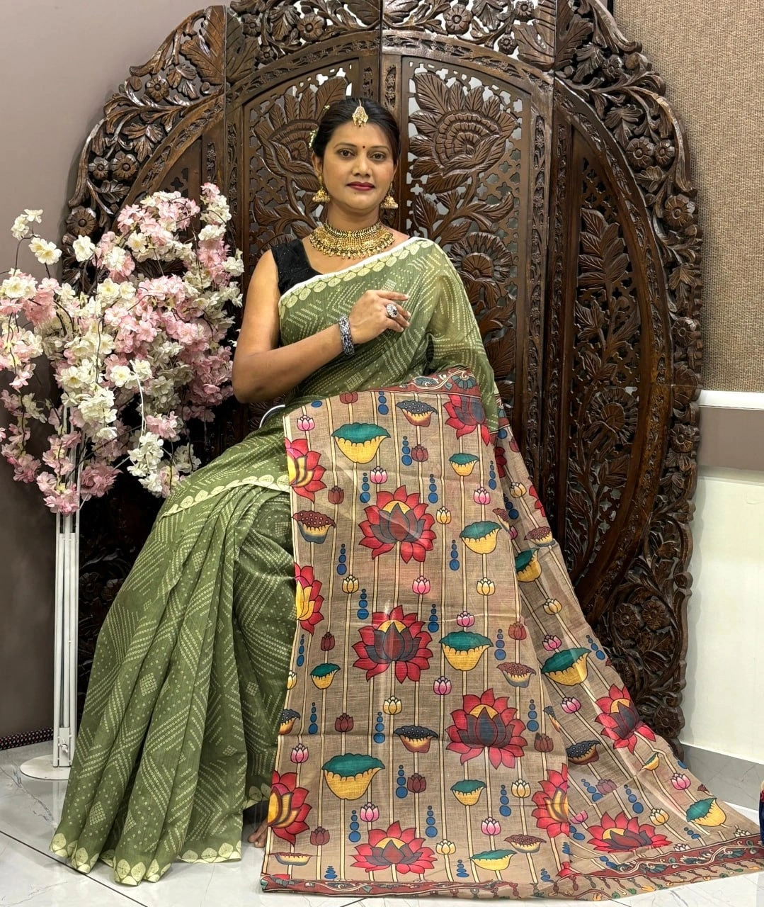 Linen Silk Cotton Saree: Bandhej Digital Print with Silver Pichai Pallu-MRD-08-Pista