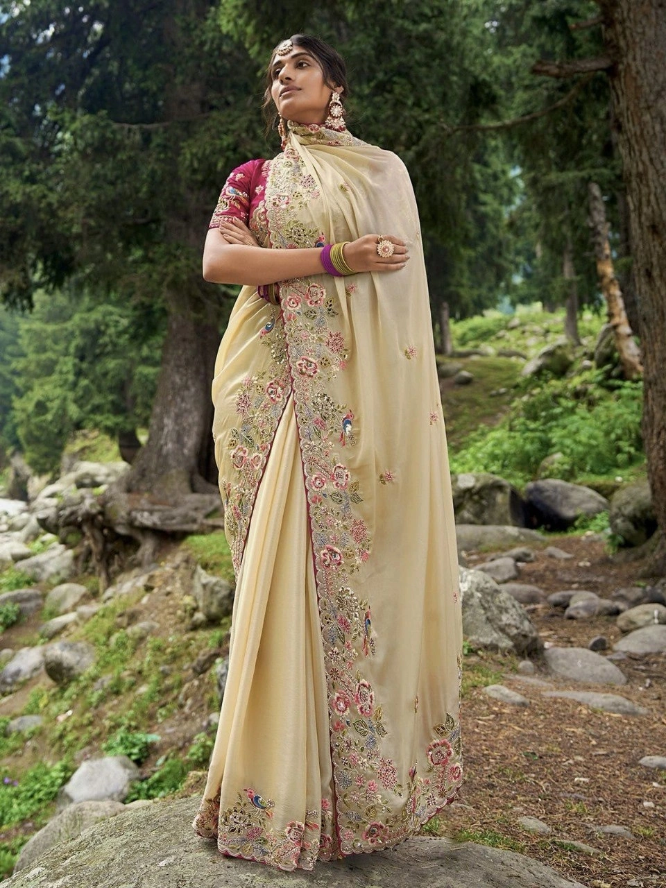 Soft Jimmy Chu Saree with Multi Thread Embroidery and Sequence Work-KSF-18-Beige