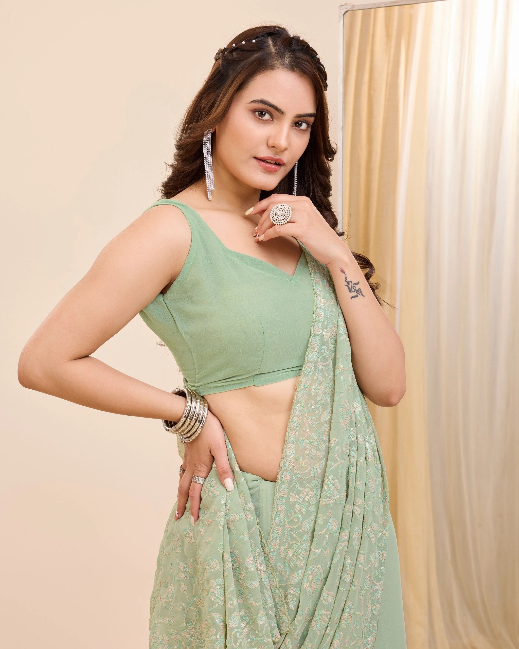 Beautiful Faux Georgette Saree with All Over Work and Cutwork Border-Green-1