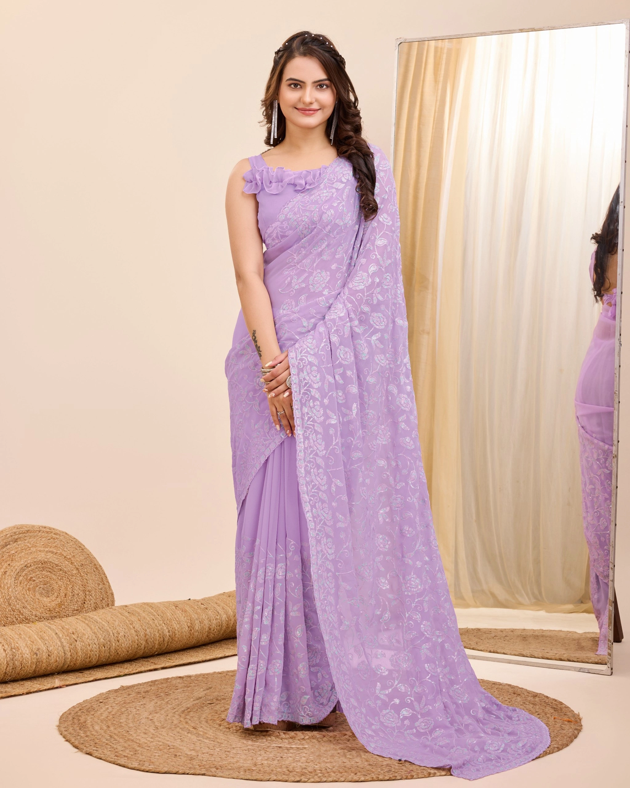 Beautiful Faux Georgette Saree with All Over Work and Cutwork Border-RVL-05-Purple