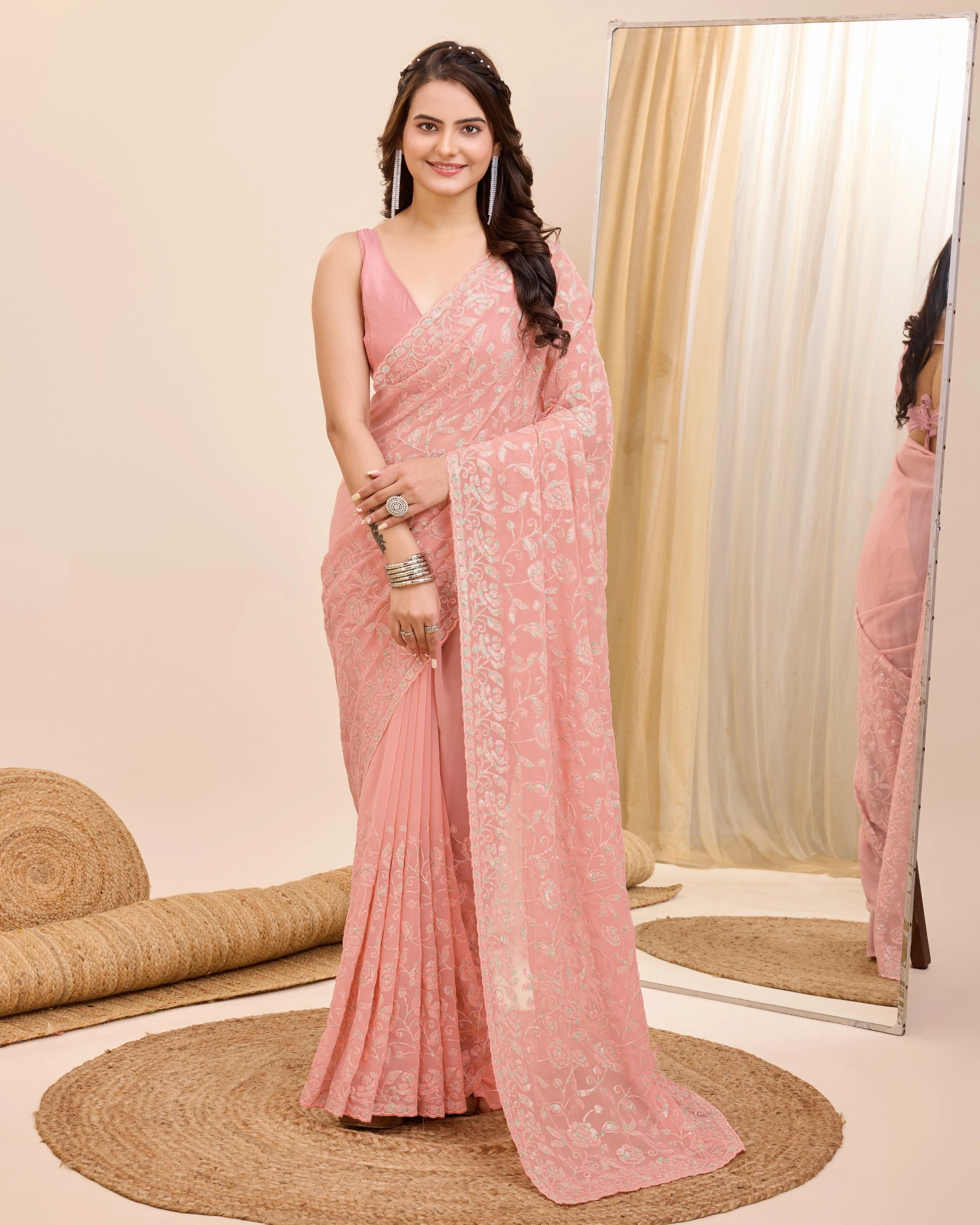 Beautiful Faux Georgette Saree with All Over Work and Cutwork Border-RVL-05-Peach