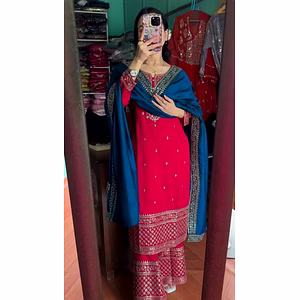 Chinnon Silk Top, Pant & Dupatta Set: Heavy Embroidery, Ready-to-Wear