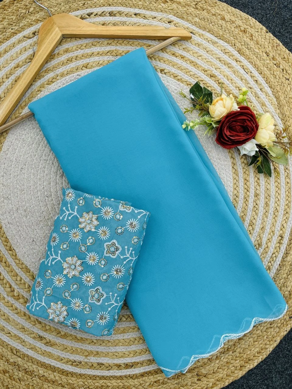 Beautiful Embroidered Organza Saree with Full Lace Border and Ready-made Blouse-RIE-01-SkyBlue