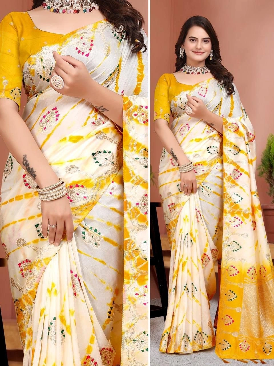 Luxurious Russian Cotton Silk Saree: Intricate Zari Weaving &amp; Exquisite Meenakari-RUD-02-Yellow