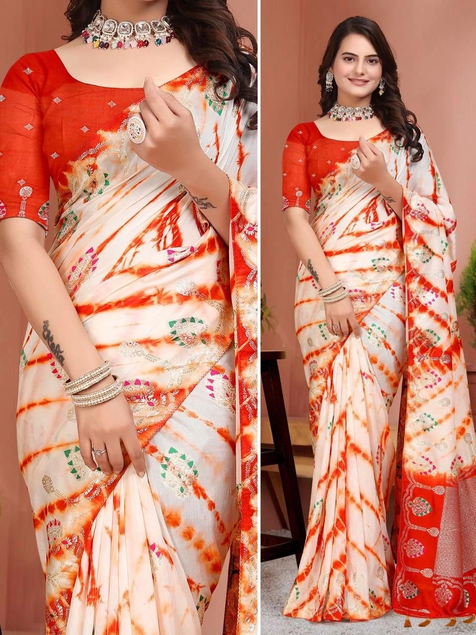 Luxurious Russian Cotton Silk Saree: Intricate Zari Weaving &amp; Exquisite Meenakari-RUD-02-Orange