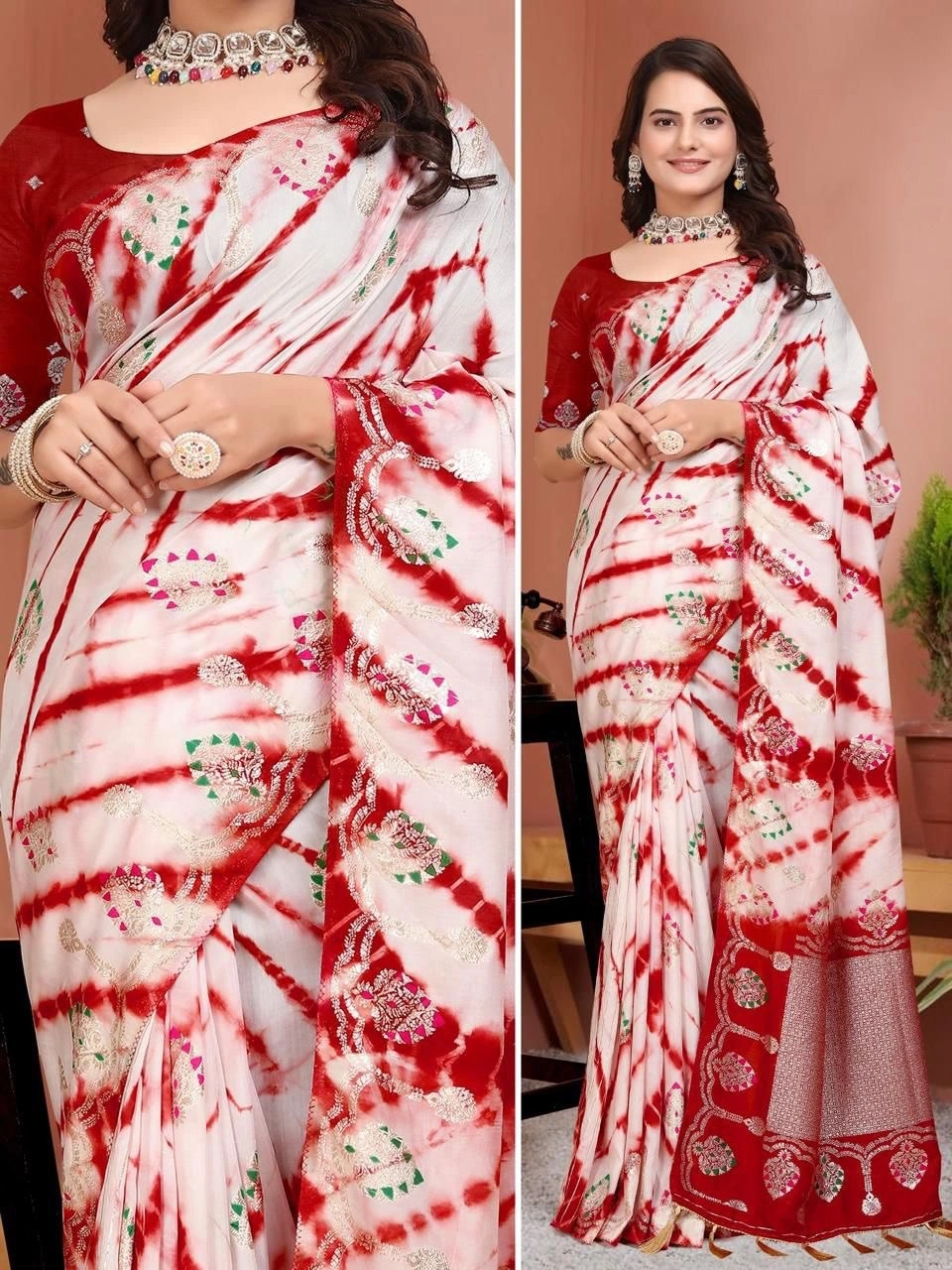 Luxurious Russian Cotton Silk Saree: Intricate Zari Weaving &amp; Exquisite Meenakari-RUD-02-Red