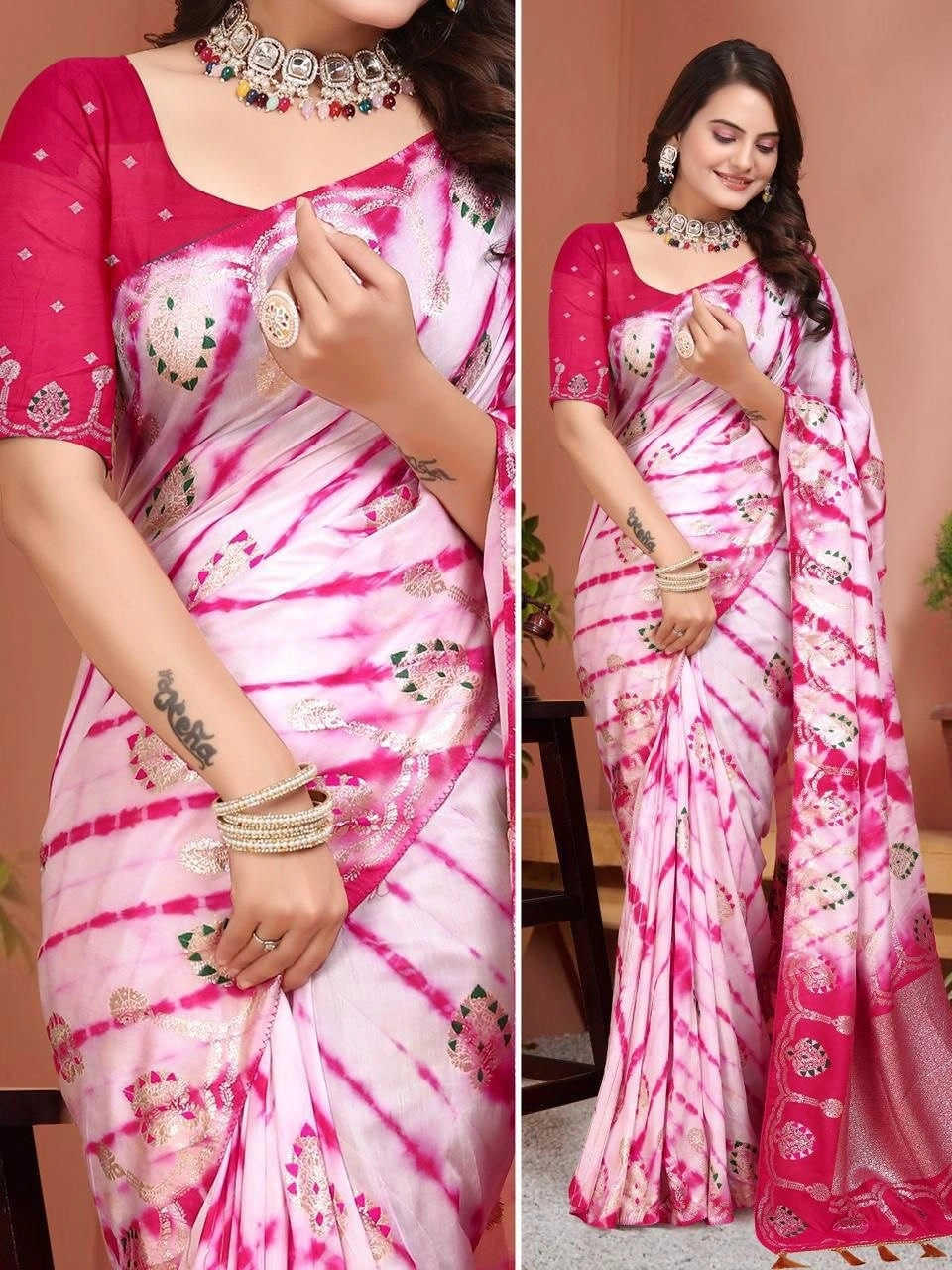 Luxurious Russian Cotton Silk Saree: Intricate Zari Weaving &amp; Exquisite Meenakari-RUD-02-Pink