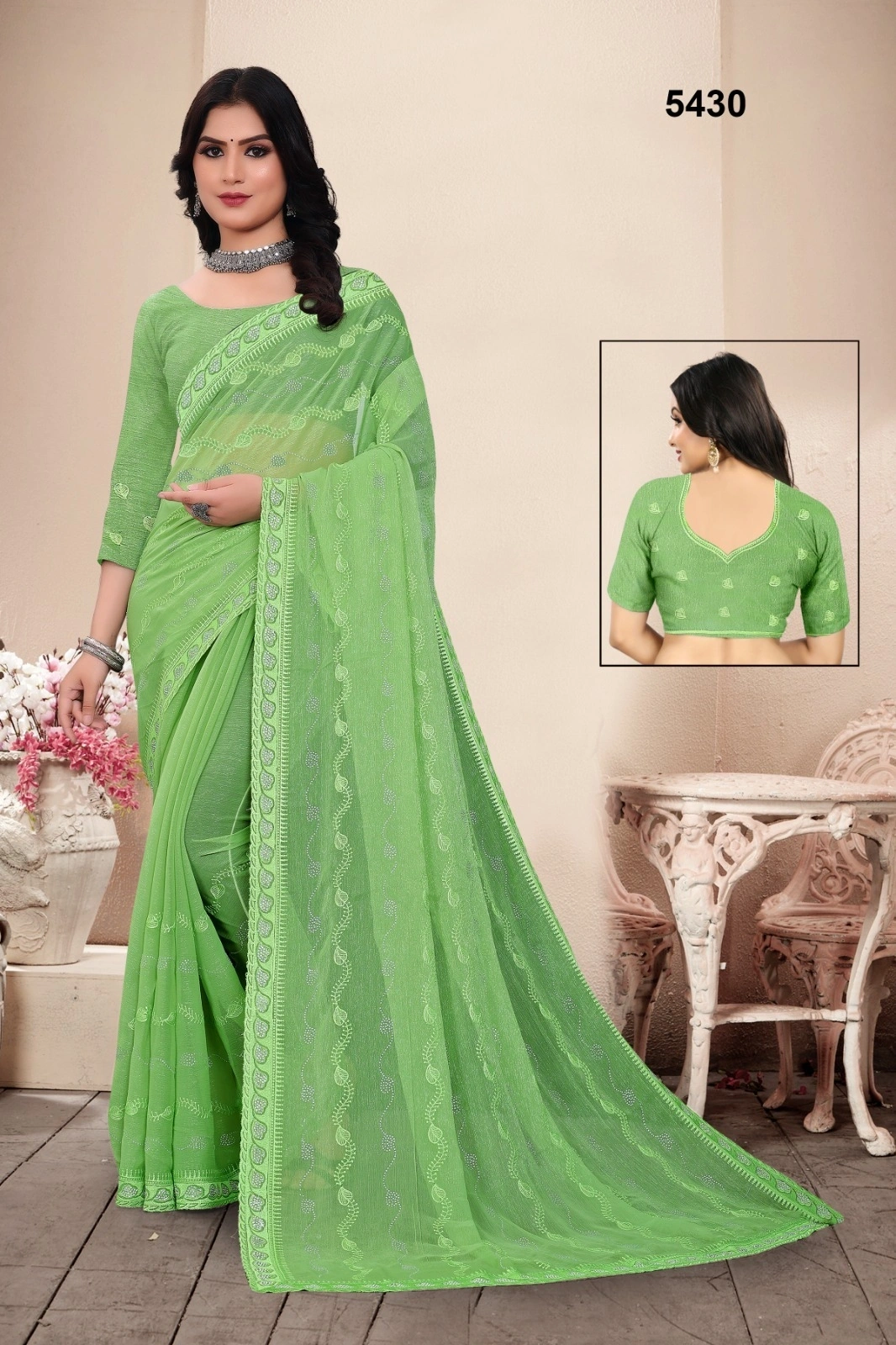 Heavy Thread Embroidered Saree with Swarovski Detailing-RSRM-5430-Pista