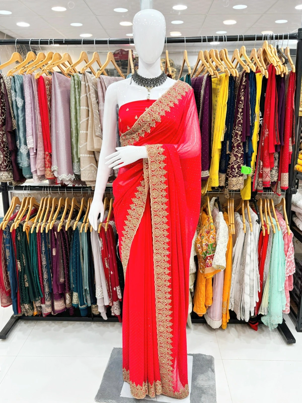 Heavy Zarkan Work Saree with Swarosky Border-RSRM-9524-Red