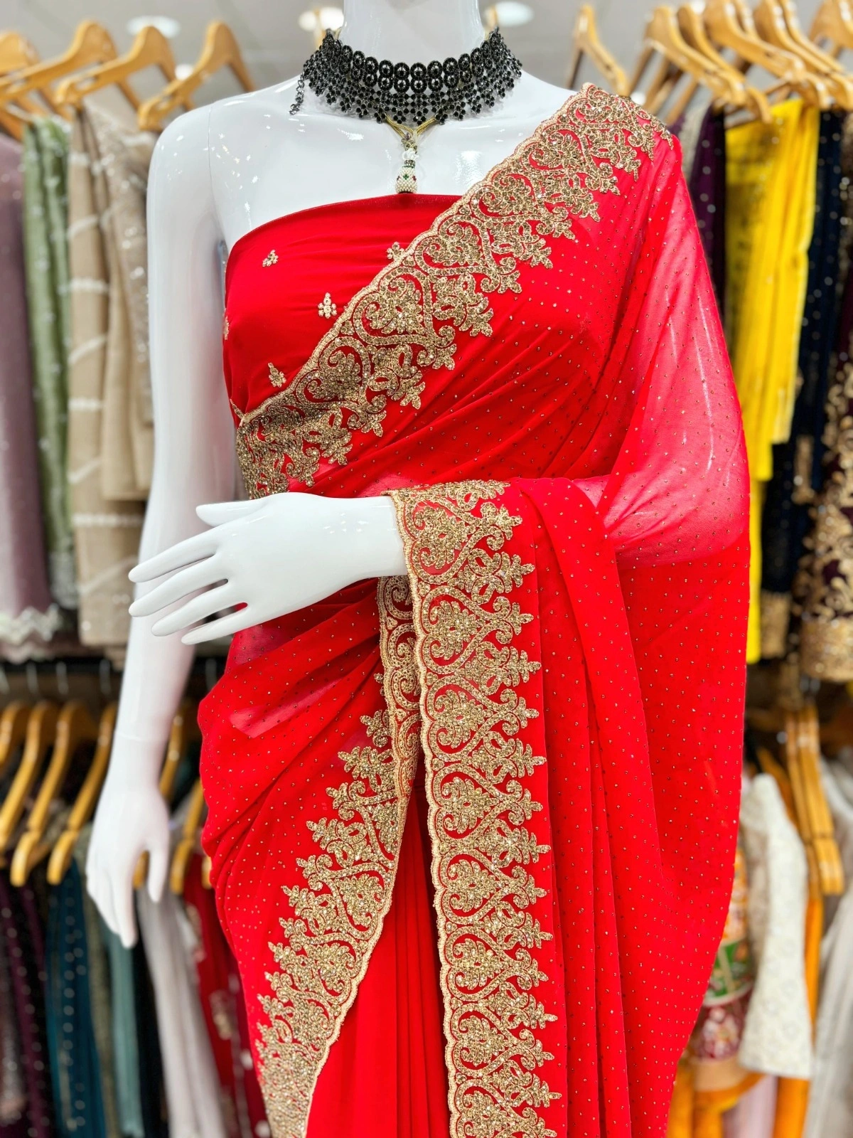 Heavy Zarkan Work Saree with Swarosky Border-Red-1