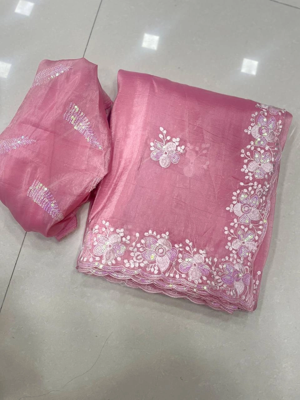 Golden Sequin Embroidered Saree with Fancy Blouse-RIE-04-Pink