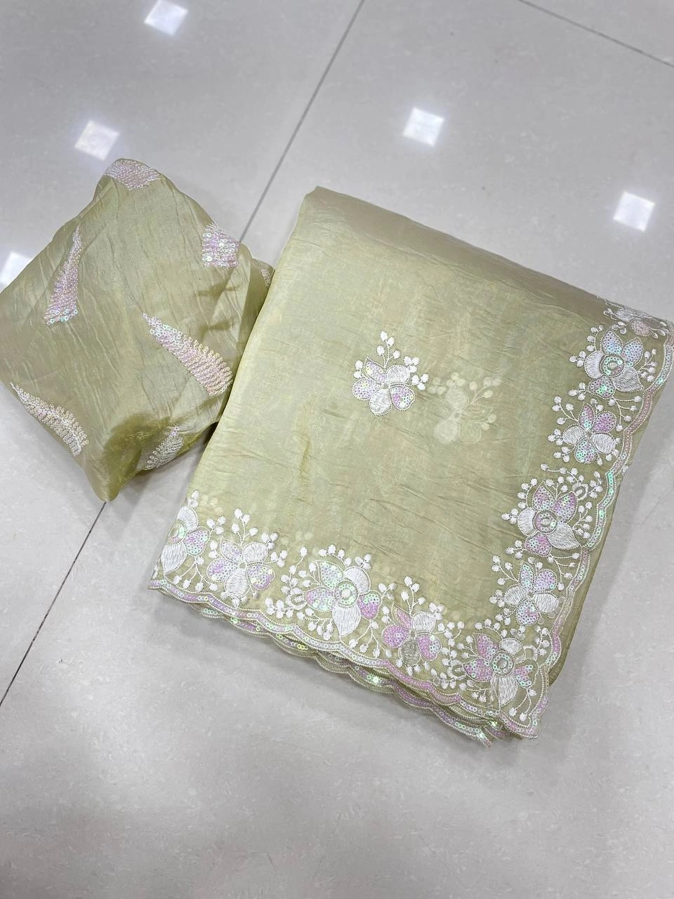 Golden Sequin Embroidered Saree with Fancy Blouse-RIE-04-Pista