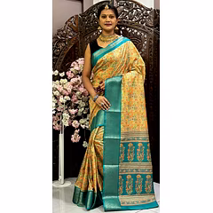 Premium Dola Silk Digital Printed Saree with Kanjivaram Border & Contrast Pallu