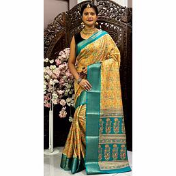 Premium Dola Silk Digital Printed Saree with Kanjivaram Border & Contrast Pallu