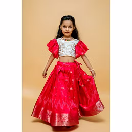 Chinon Embroidered Blouse with Dola-Silk Lahenga Set - Perfect for Kids!