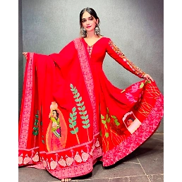 Mirrored Digital Print Rayon Dress with American Silk Dupatta
