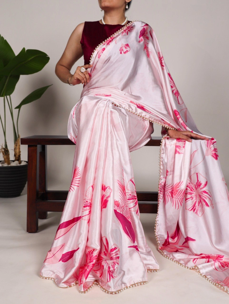 Floral Print Satin Silk Saree with Pearl Lace Border - Lightweight and Elegant-YGF-7028-Pink