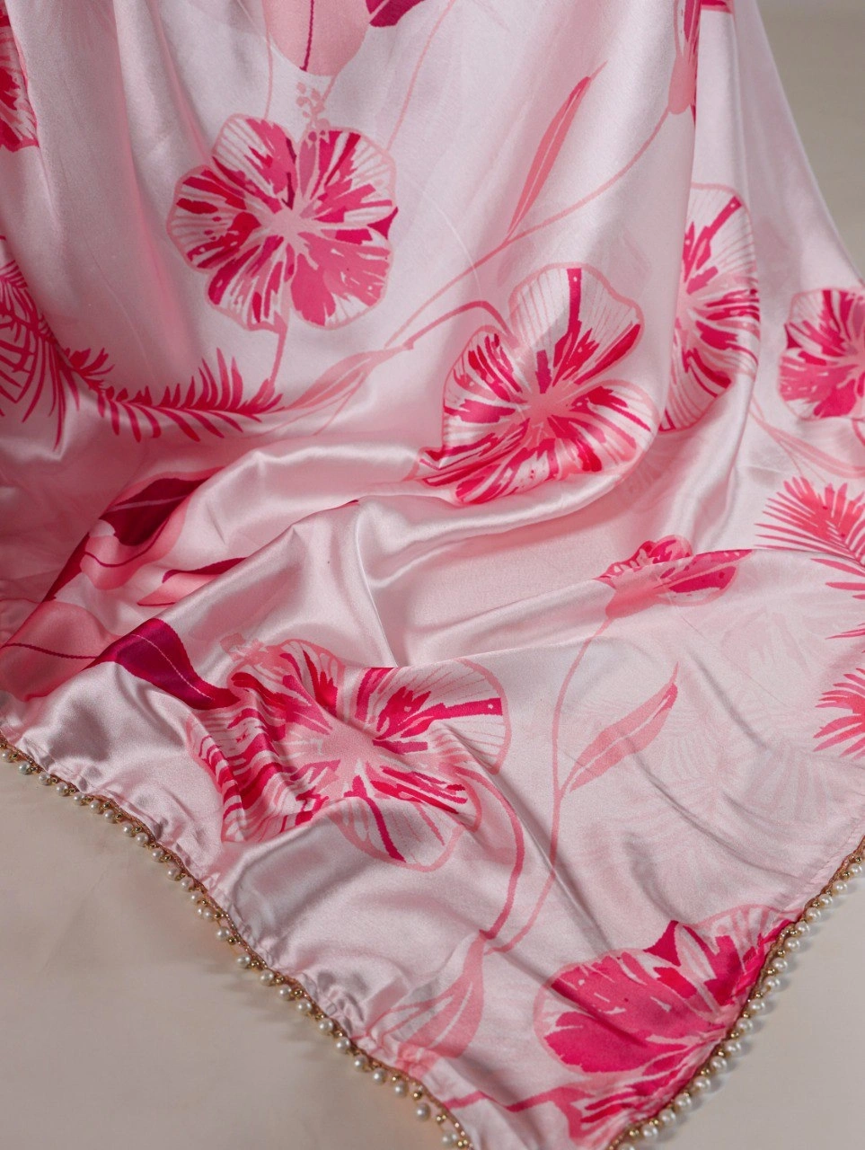 Floral Print Satin Silk Saree with Pearl Lace Border - Lightweight and Elegant-Pink-1