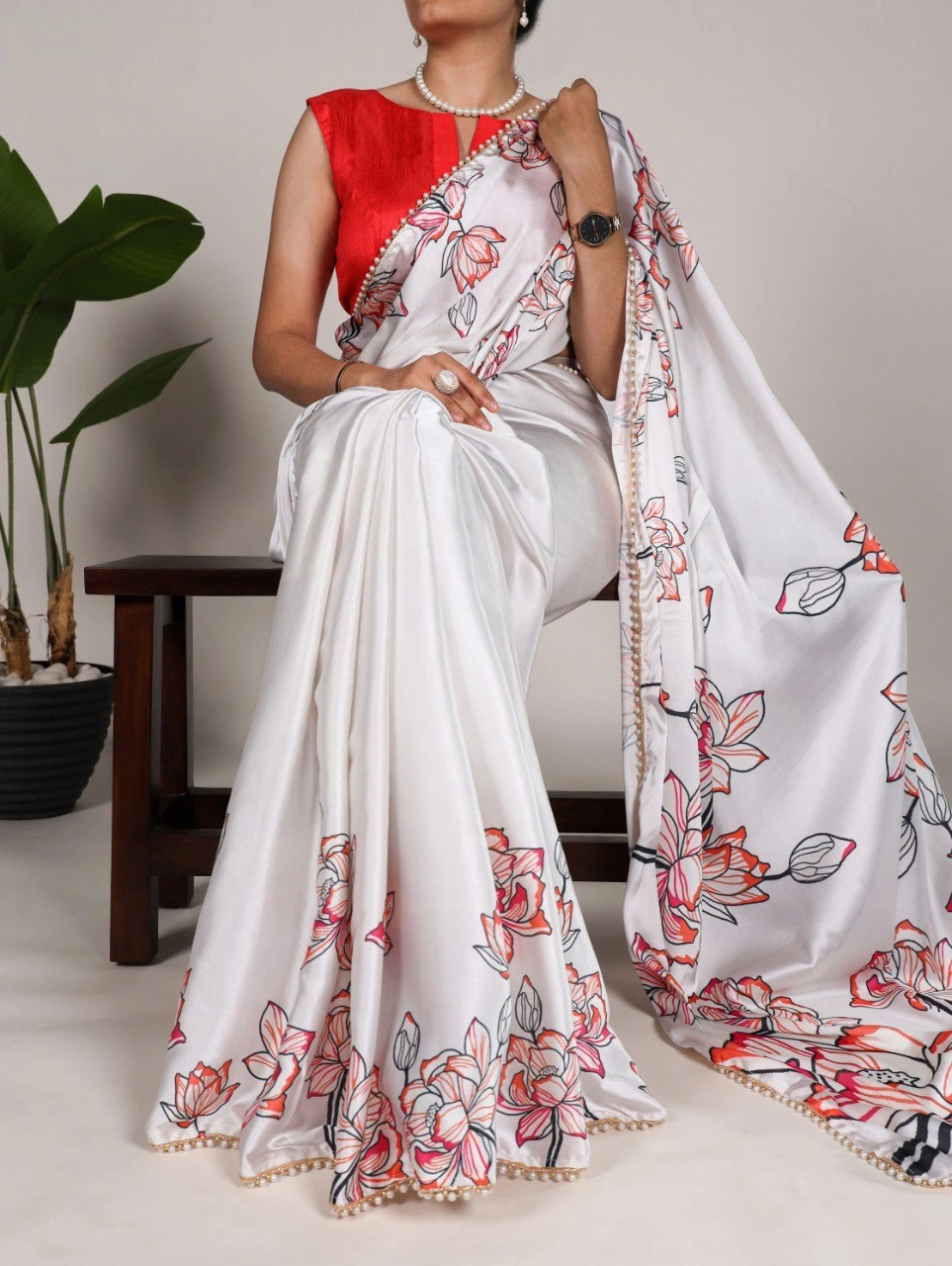 Floral Print Satin Silk Saree with Pearl Lace Border - Lightweight and Elegant-YGF-7028-White