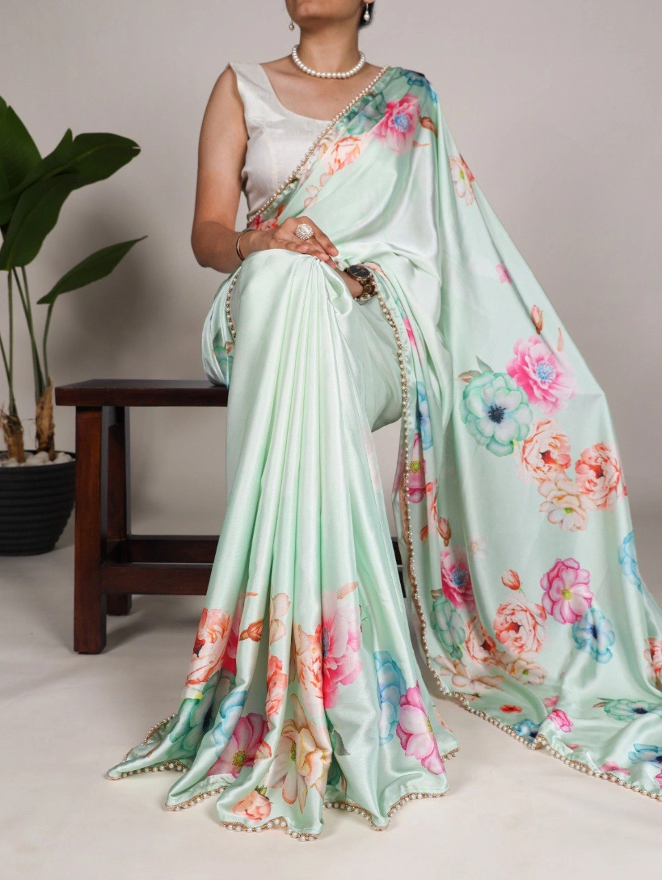 Floral Print Satin Silk Saree with Pearl Lace Border - Lightweight and Elegant-YGF-7028-Green