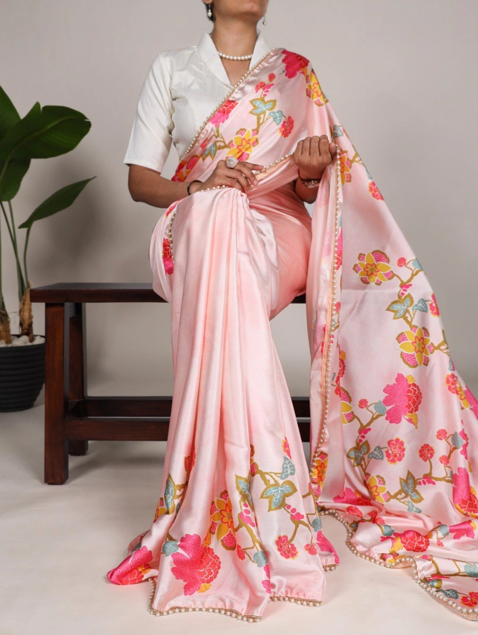 Floral Print Satin Silk Saree with Pearl Lace Border - Lightweight and Elegant-YGF-7028-Orange