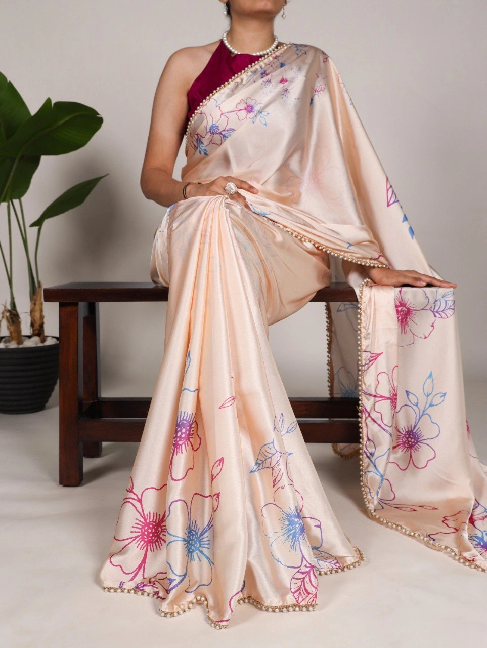 Floral Print Satin Silk Saree with Pearl Lace Border - Lightweight and Elegant-YGF-7028-Beige