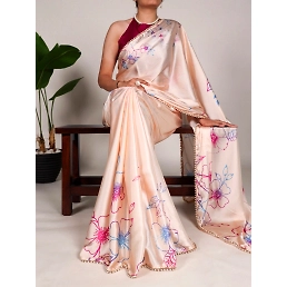 Floral Print Satin Silk Saree with Pearl Lace Border - Lightweight and Elegant