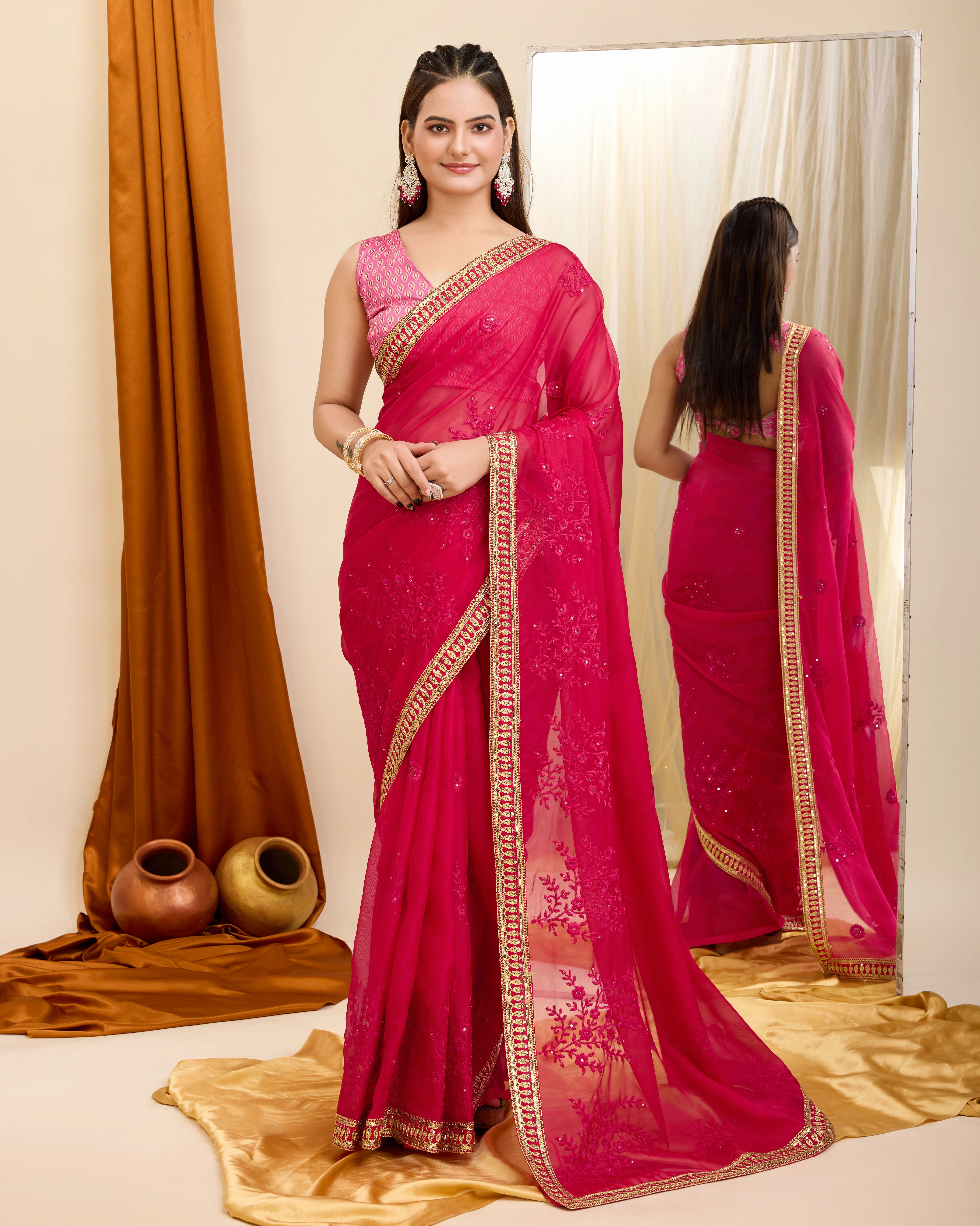 Hand-washable Organza Saree with 0.8m Blouse Piece-RVL-6210-Red