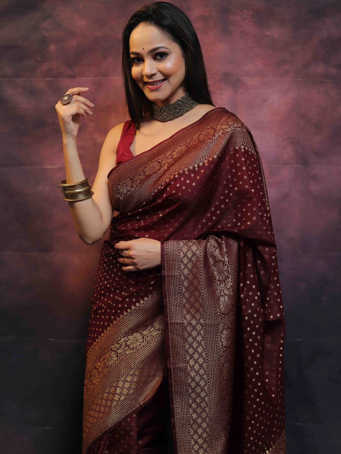 Pure Banarasi Soft Silk Saree with Stunning Copper Zari Weaving-Maroon-1