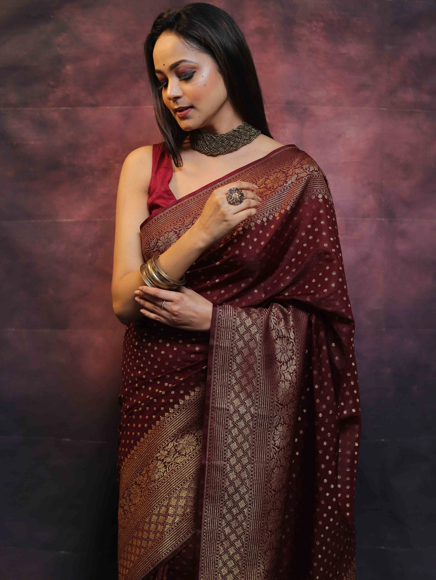 Pure Banarasi Soft Silk Saree with Stunning Copper Zari Weaving-Maroon-2