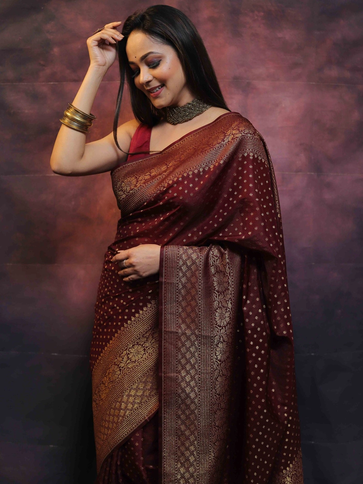 Pure Banarasi Soft Silk Saree with Stunning Copper Zari Weaving-Maroon-4