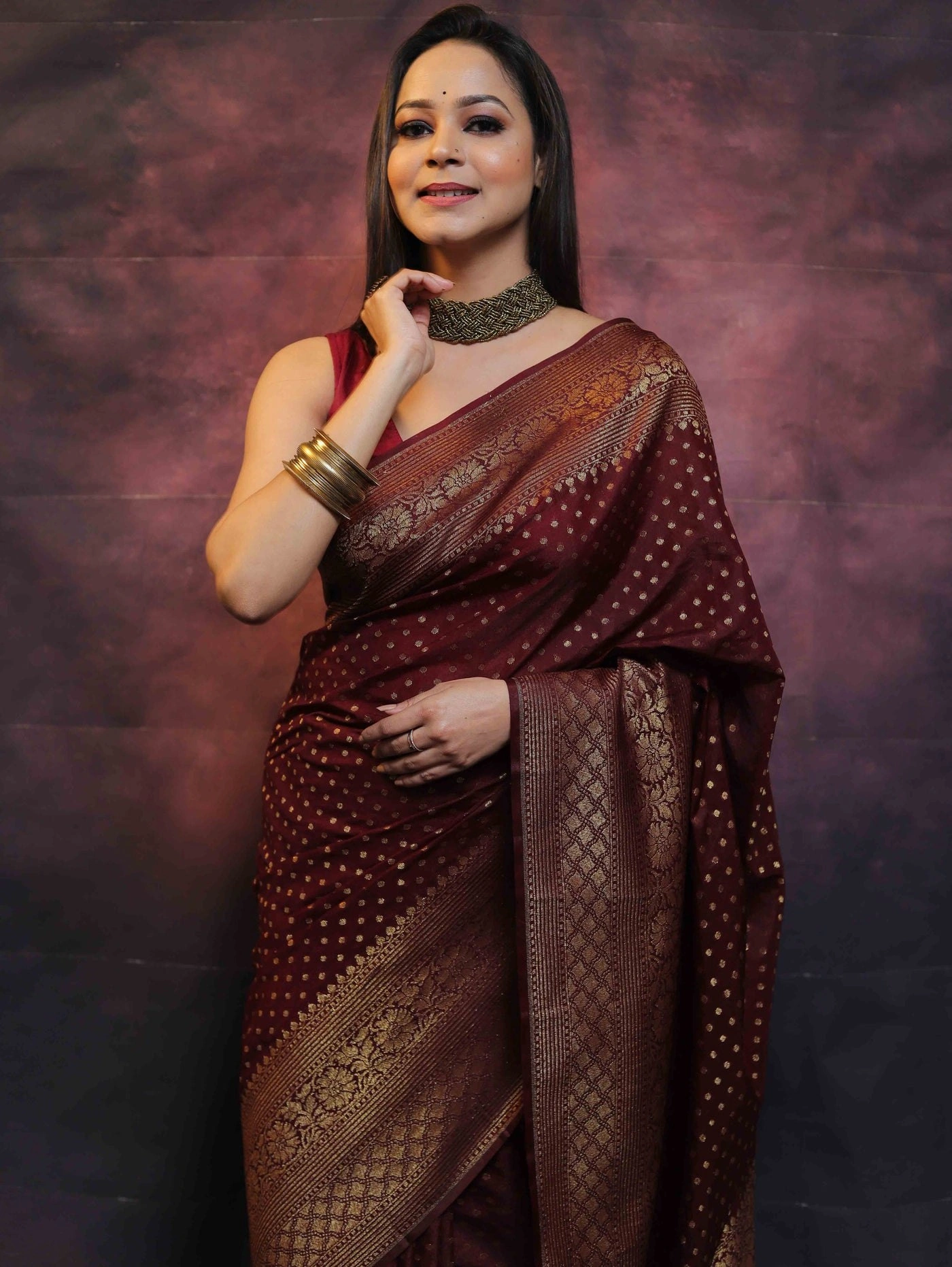 Pure Banarasi Soft Silk Saree with Stunning Copper Zari Weaving-Maroon-5